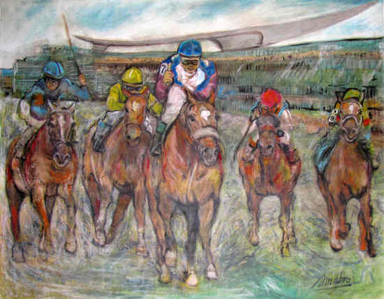 Horserace Finish5 60x48, Oil Pastel