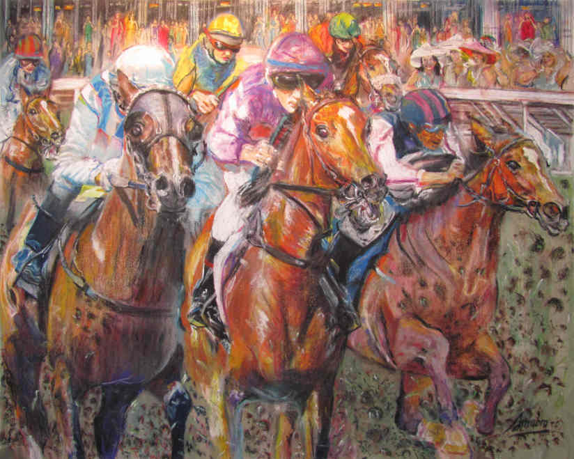 Horserace Finish9 60x48, Oil Pastel