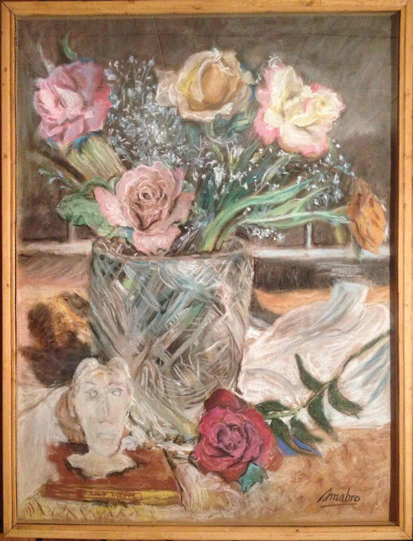 Roses In Crystal Vase With Plaster Head 30in x 40in