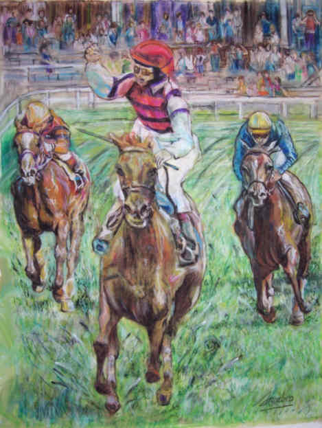 Horse-Race Red Helmet Jockey 36inx48in pasteloil on canvas