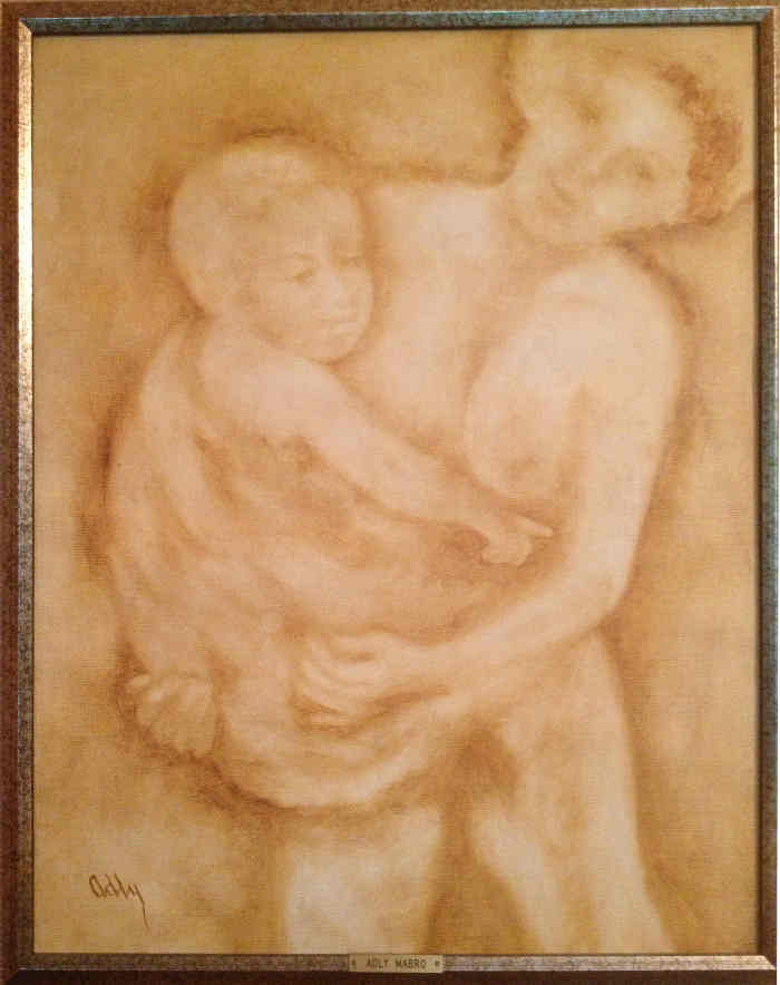 Mother And Child 1973, raw sienna oil wash 16inx20in on imitation canvas